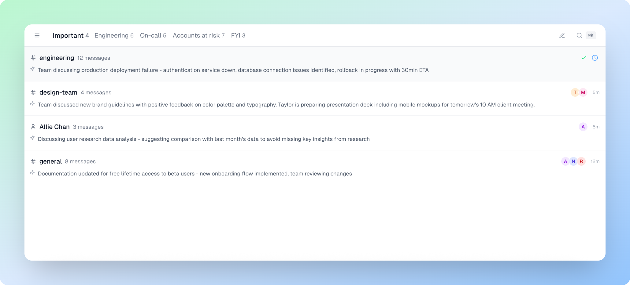 Float AI split inbox showing filtered notifications